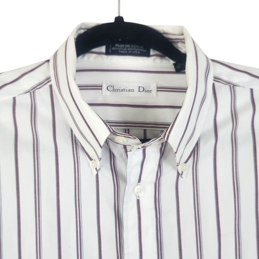 Vtg Christian Dior Striped Dress Shirt 16.5 34 Button White Red Cotton Blend LS